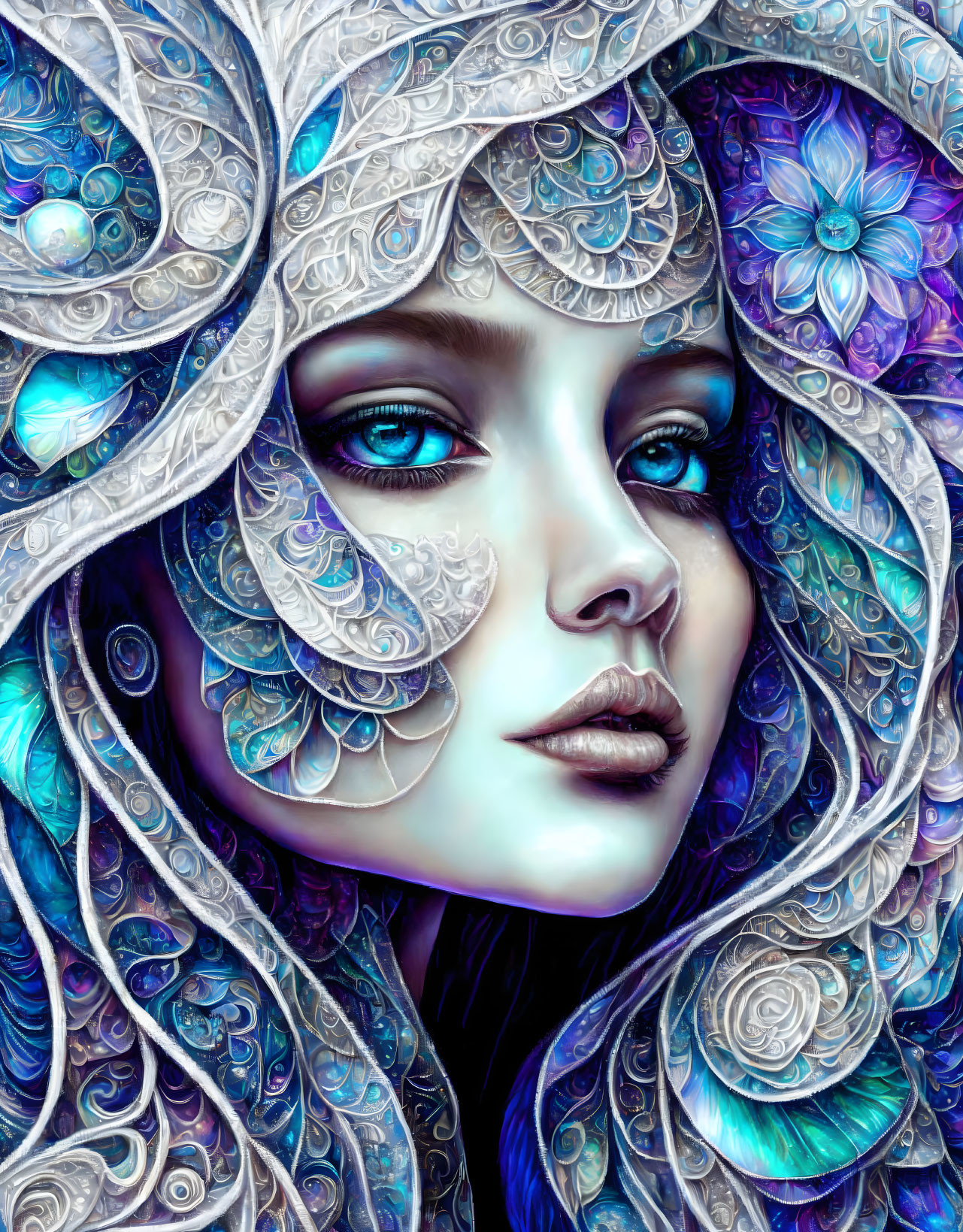 Detailed Illustration: Woman with Blue Eyes & Silver Blue Headpiece with Floral & Paisley Patterns