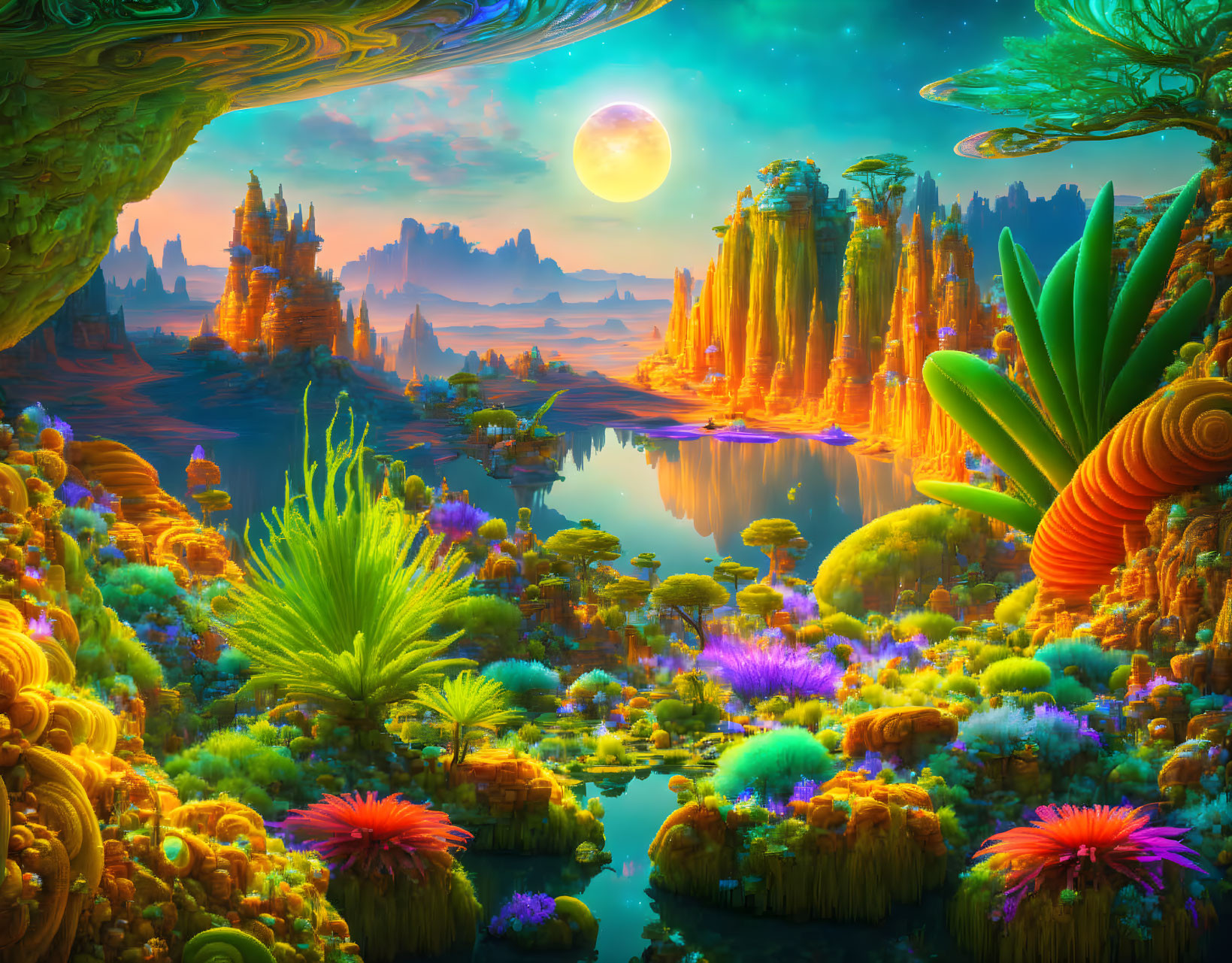 Fantastical landscape with luminescent plants and serene lake