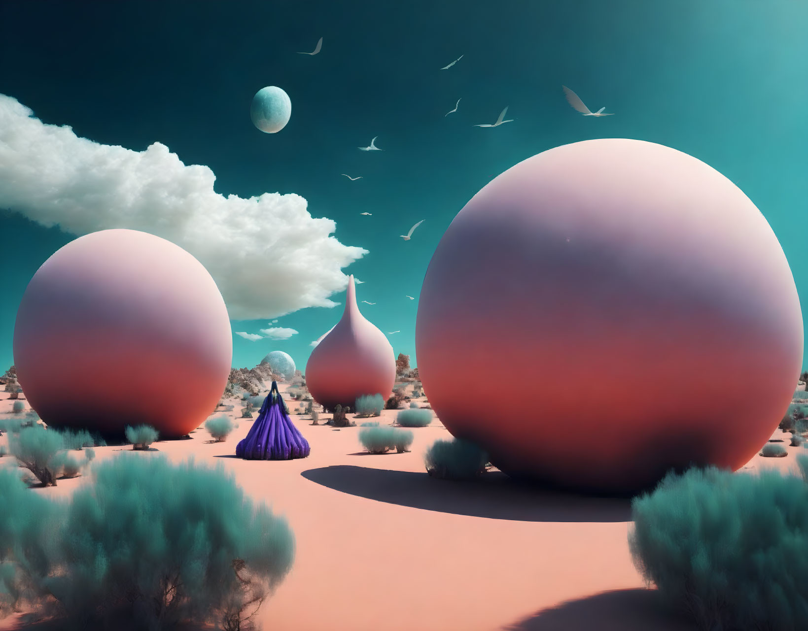 Surreal landscape featuring pink spheres, teal plants, lavender sky, moon, and birds