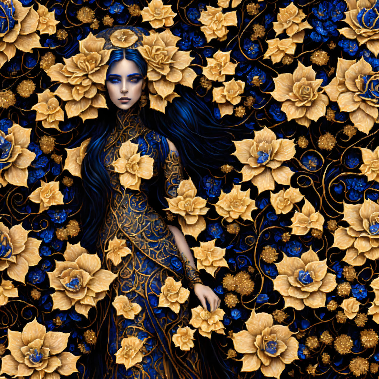 Surreal illustration of woman in golden rose dress on blue background