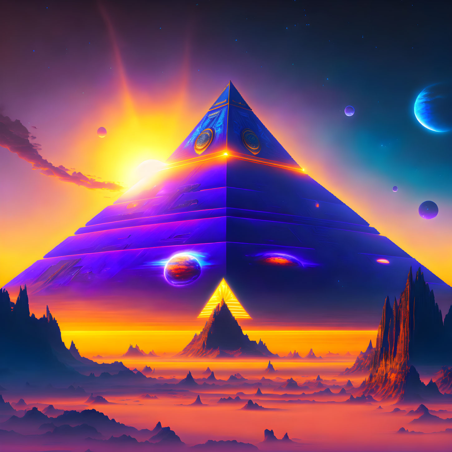 Surreal neon-lit pyramid with cosmic backdrop