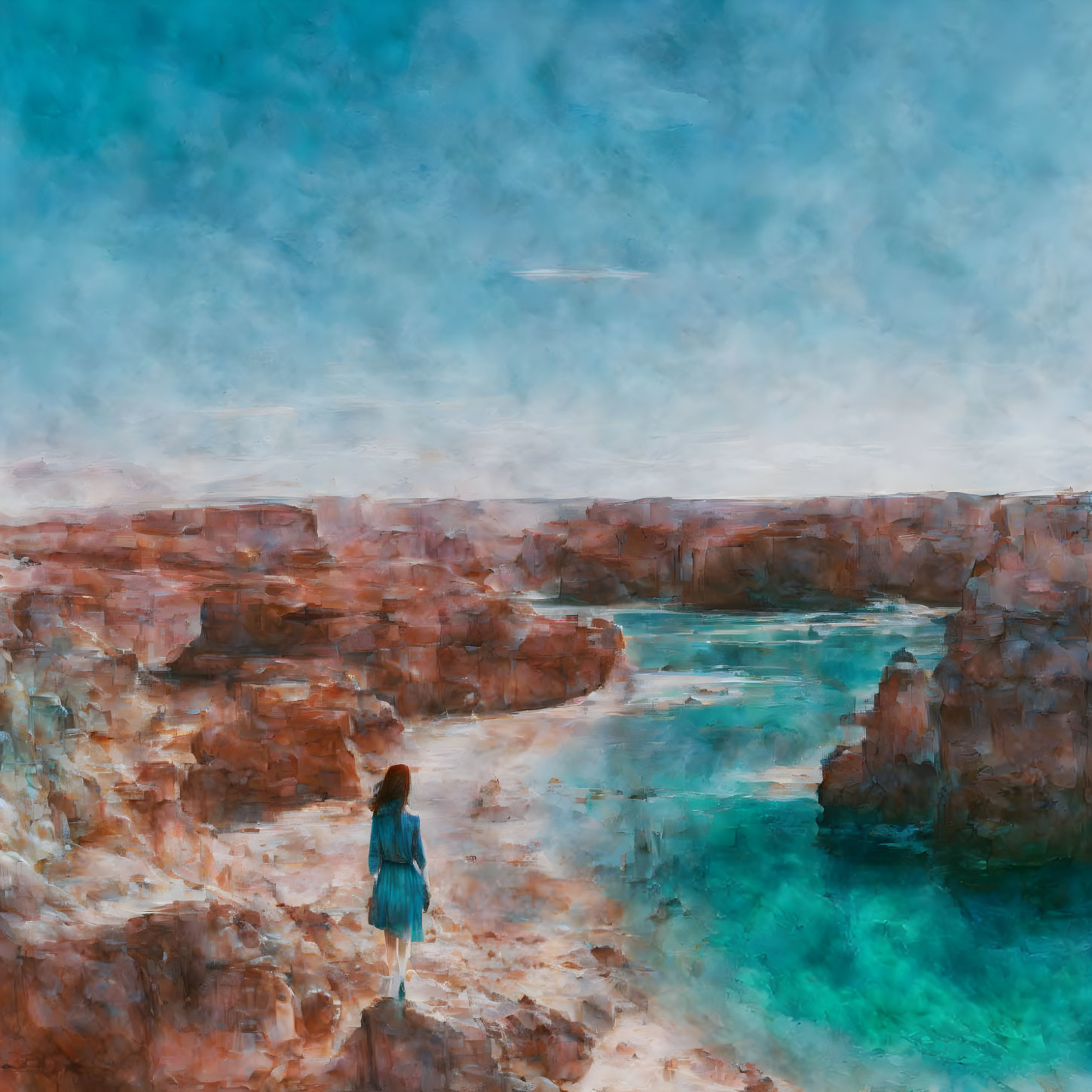 Solitary Figure Observing Canyon with Turquoise Water and Blue Sky