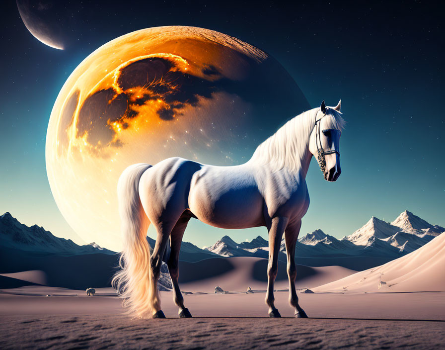 White Horse in Desert with Snow-Capped Mountains and Detailed Moon