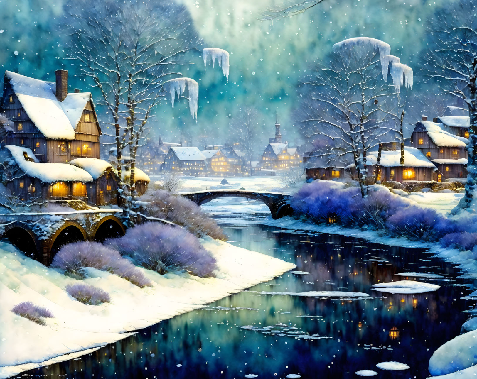 Snow-covered houses, stone bridge, icicles, and illuminated windows in winter scene