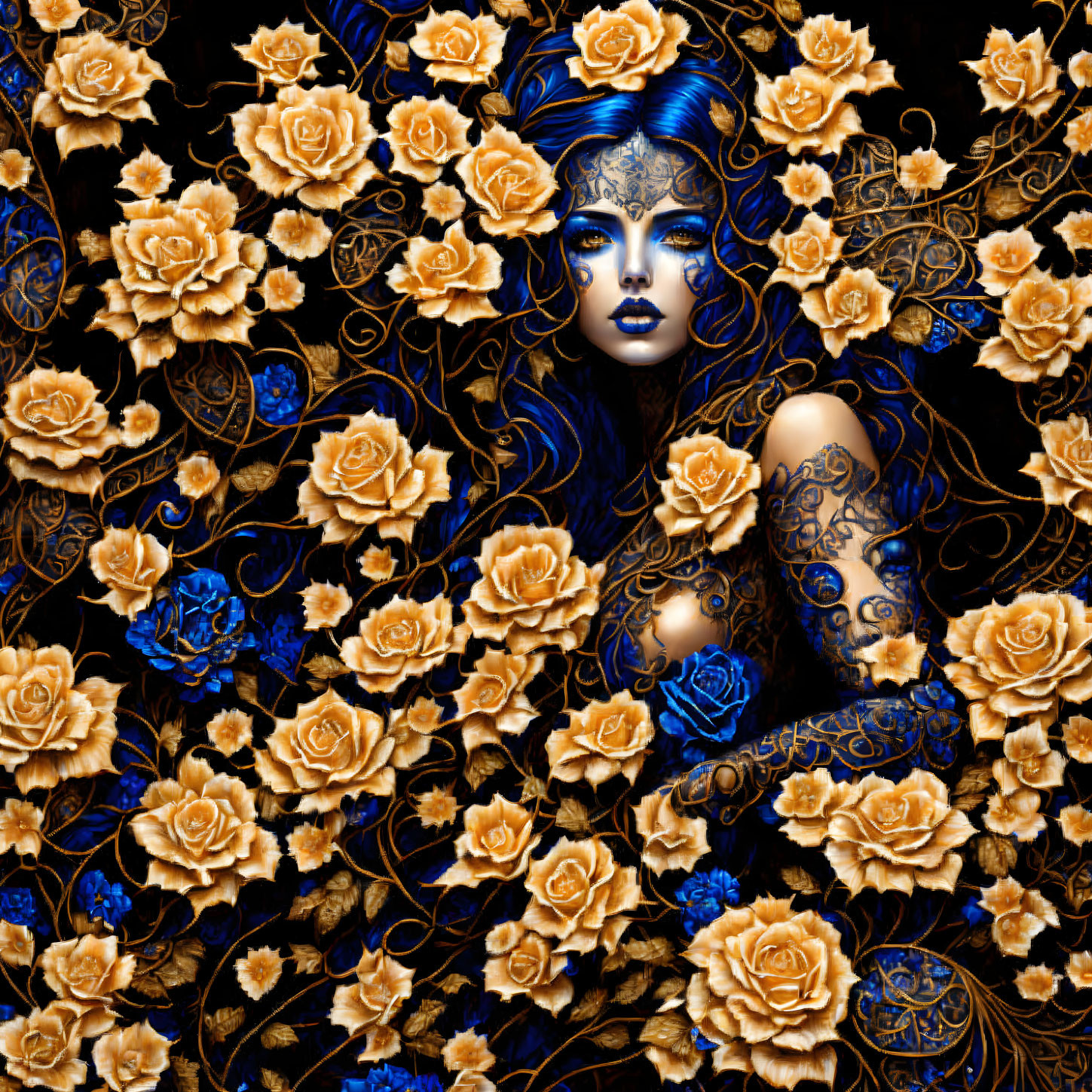 Blue-skinned woman with intricate patterns among golden roses on dark backdrop