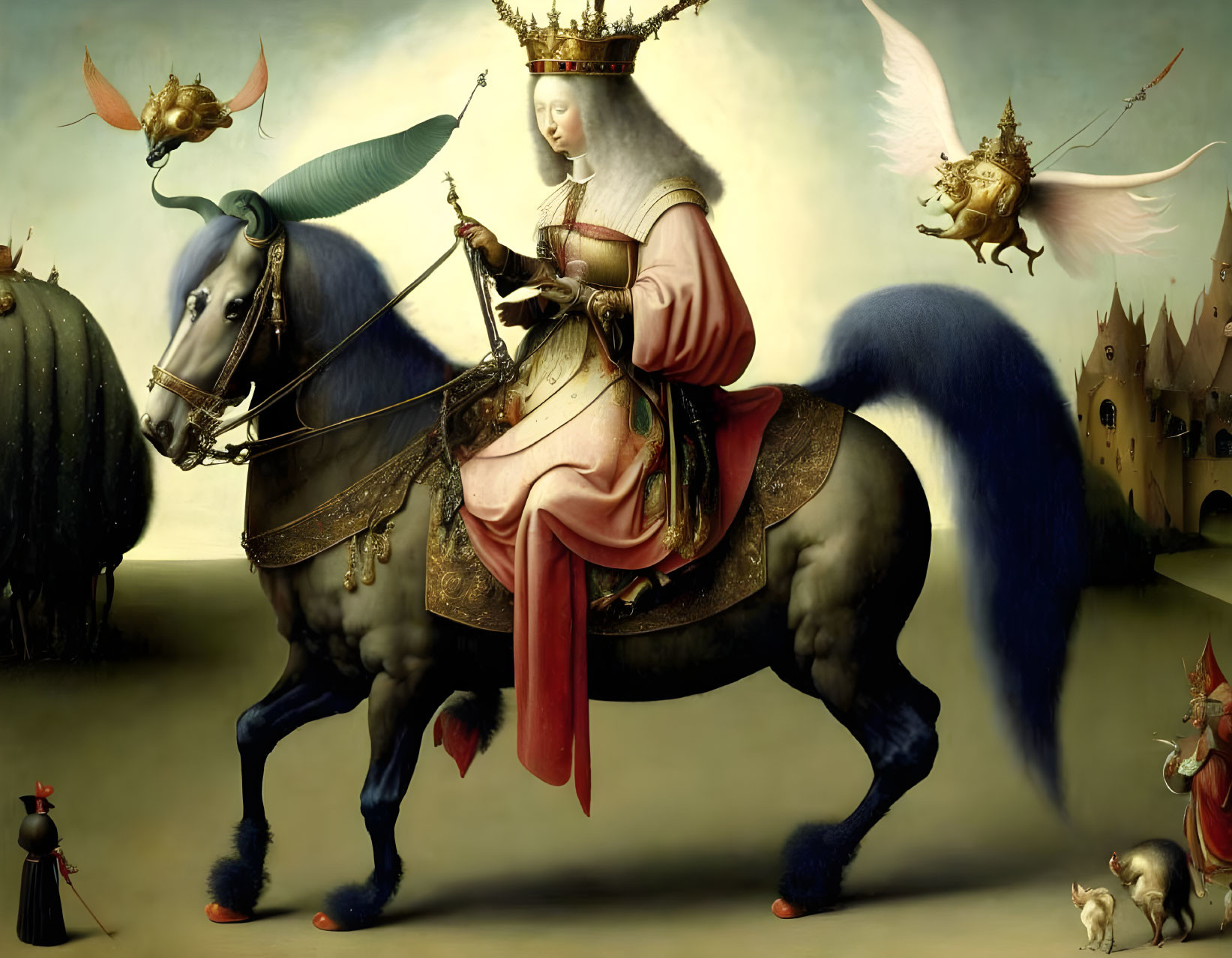 Surreal painting featuring armored woman on blue horse with mythical creatures.