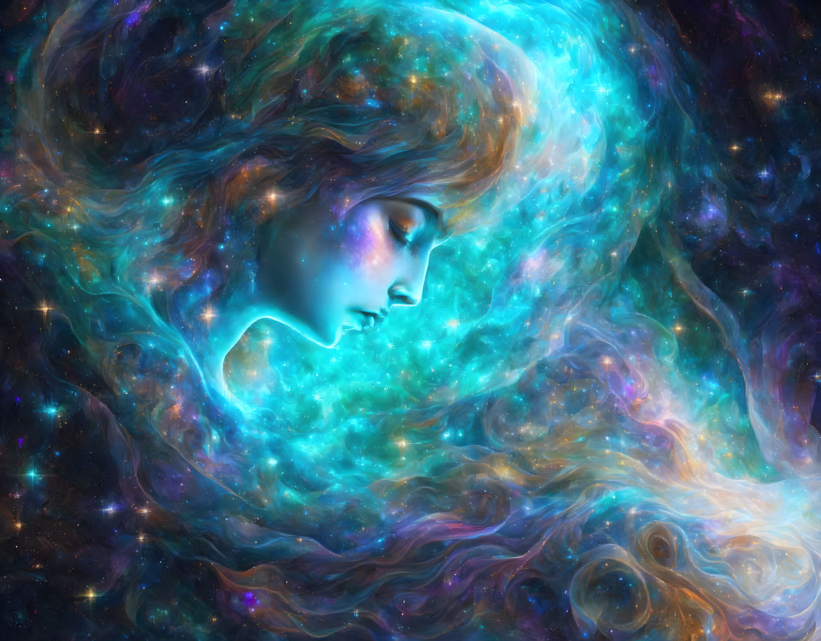 Woman's profile merged with nebula and stars in blue and teal hues.