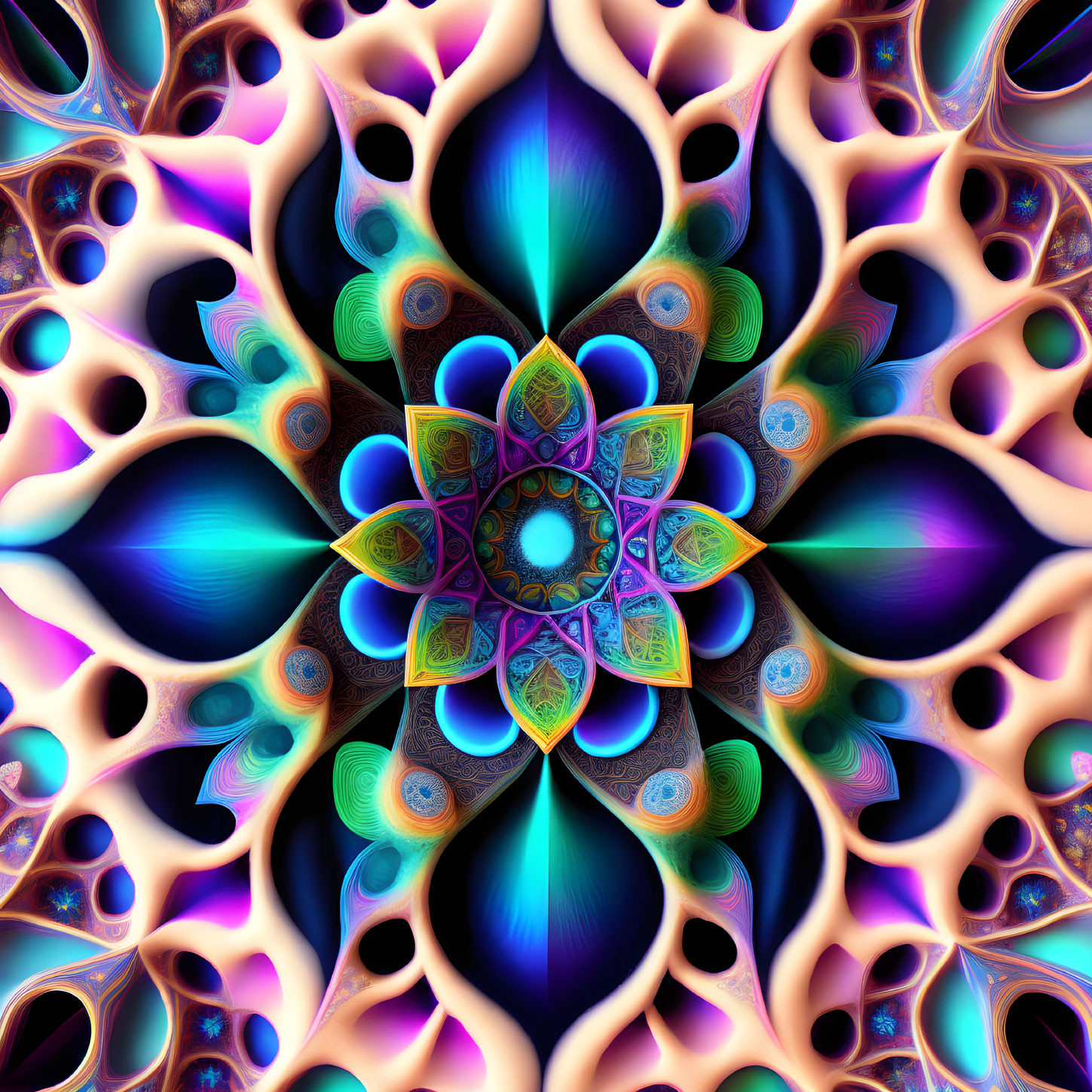 Colorful Digital Fractal Art: Vibrant Patterns in Blues, Purples, and Gold