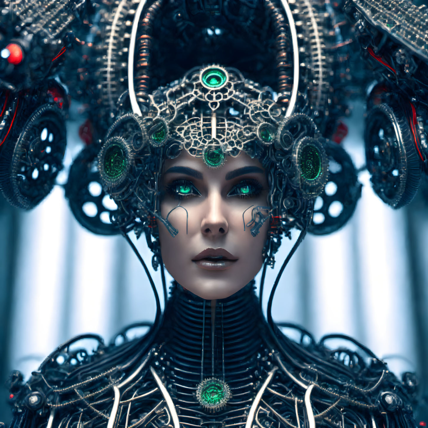 Futuristic female android with intricate headdress and green lights