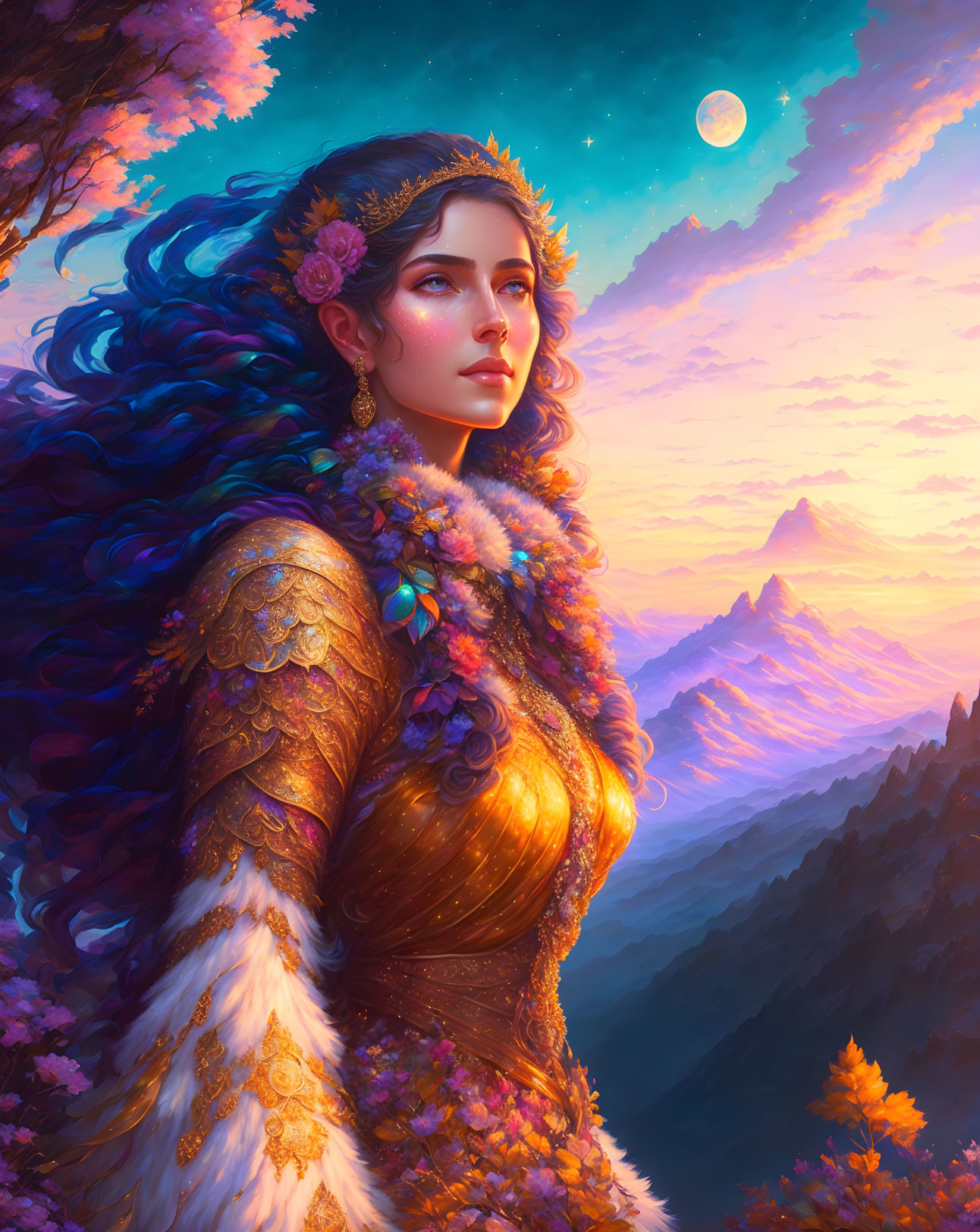 Regal woman in floral headpiece and golden attire against twilight landscape