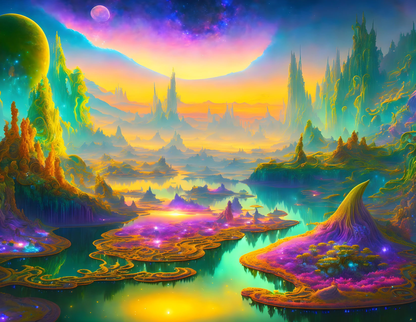 Colorful fantasy landscape with spires, floating islands, and luminous plant life