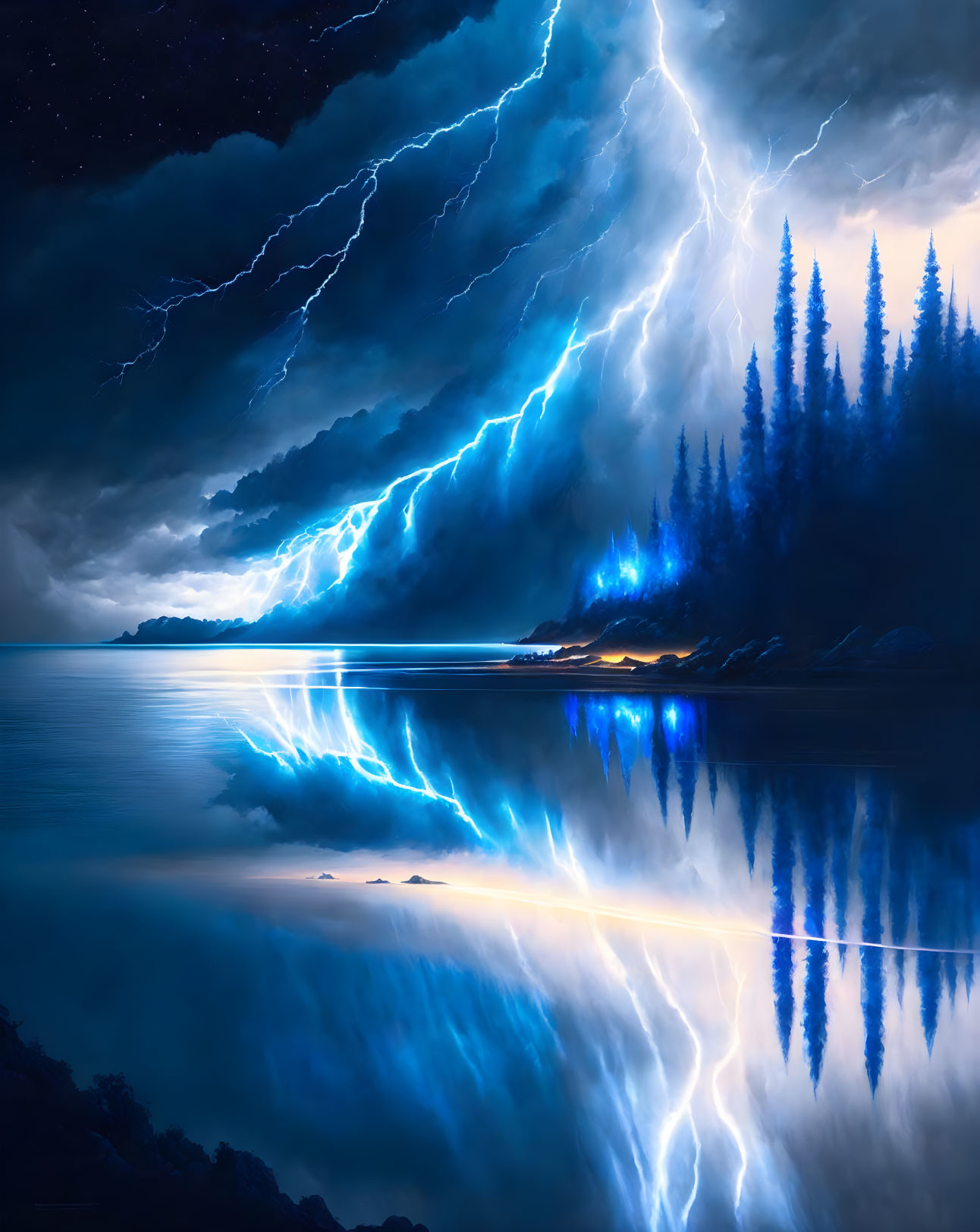 Digital artwork of lightning over serene night lake