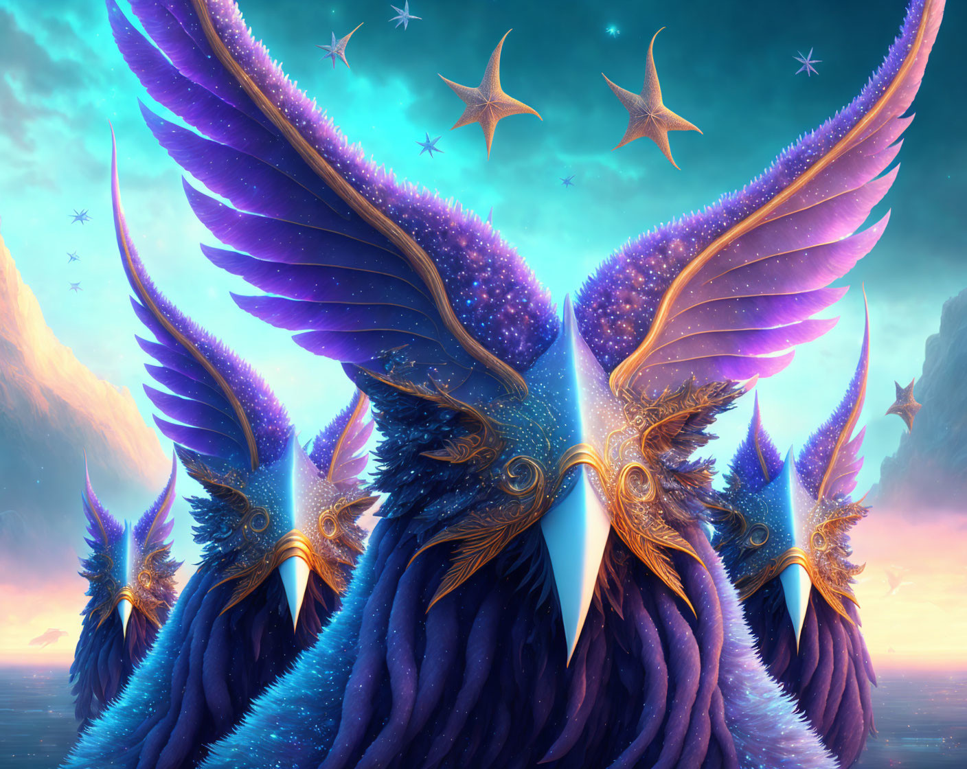 Digital artwork of mystical birds with cosmic wings in dreamy sky