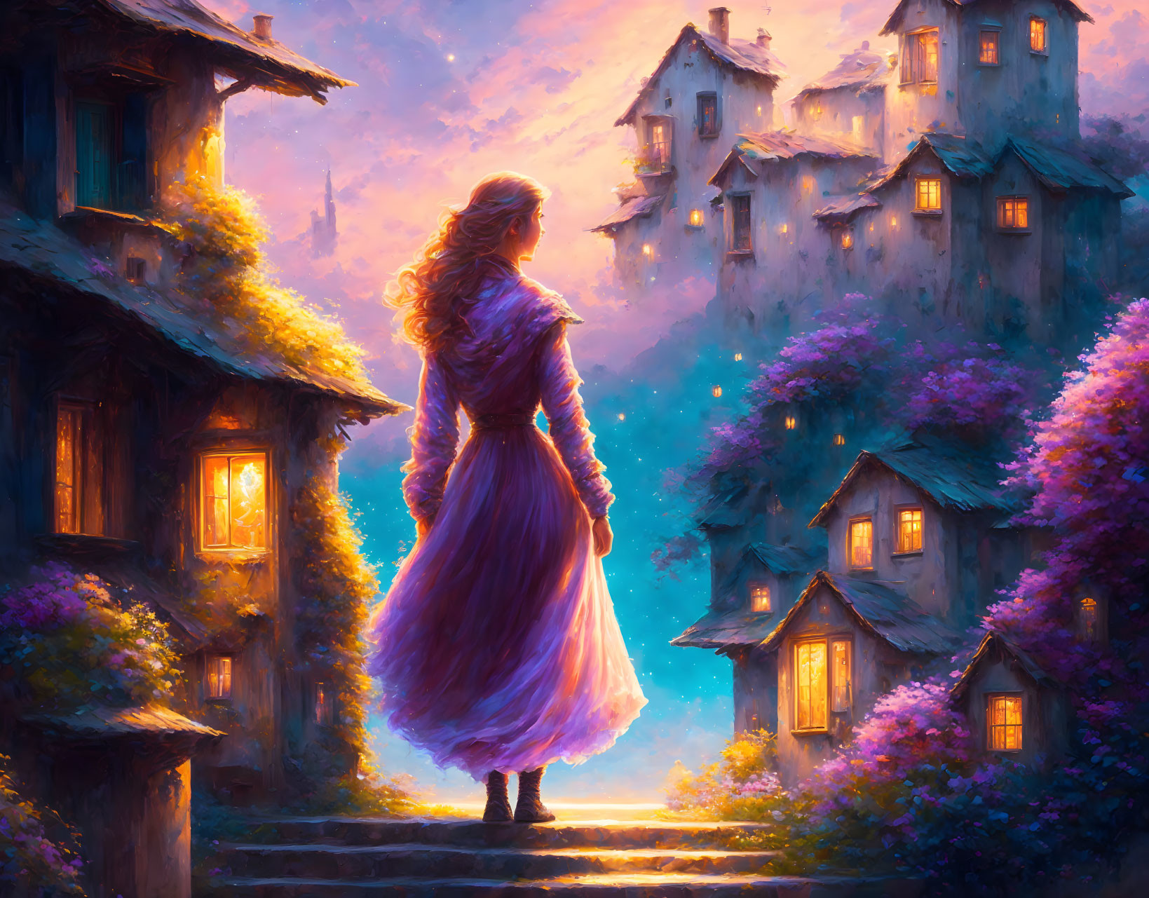 Woman in purple dress overlooking village at twilight