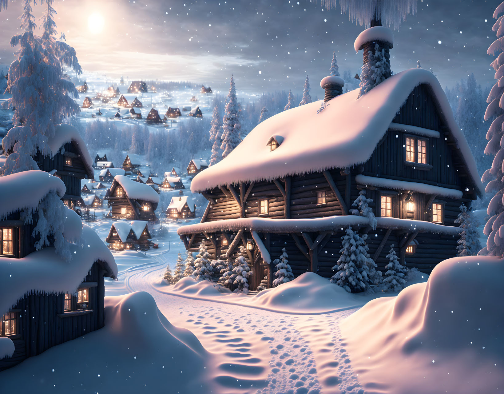 Winter Scene: Snowy Log Cabins, Pine Trees, Sunset Glow, Full Moon