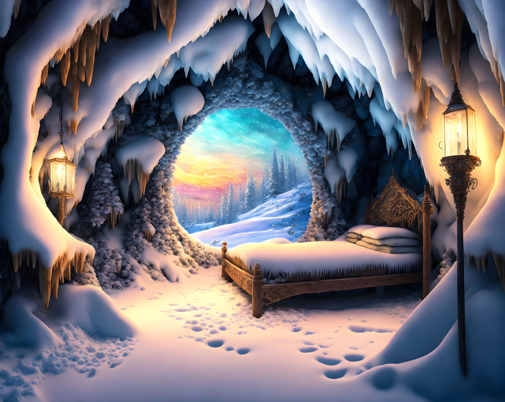 Illuminated ice cave with bed and lamps in snowy sunset landscape