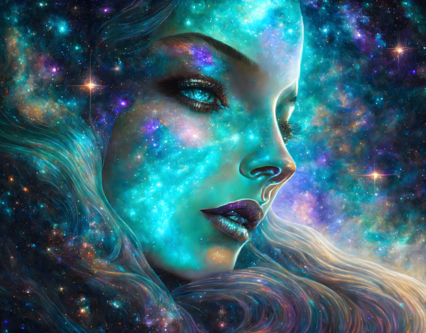 Woman's portrait with cosmic elements: stars, nebulas, galaxies merging with skin and hair.