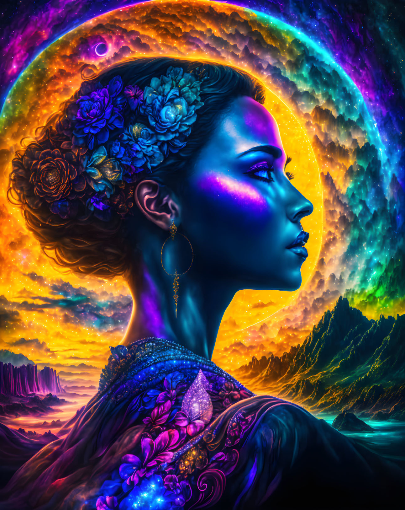 Colorful digital portrait of a woman with cosmic background, floral hairpiece, and ornate attire in