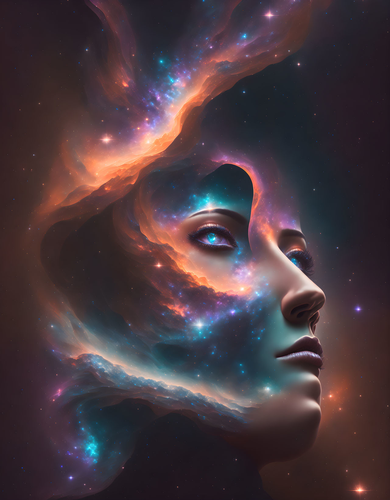 Woman's face merging with cosmic nebula in surreal portrait