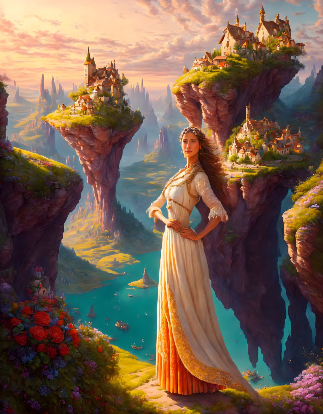 Woman in flowing gown gazes at fantasy landscape with floating islands and castles at sunset