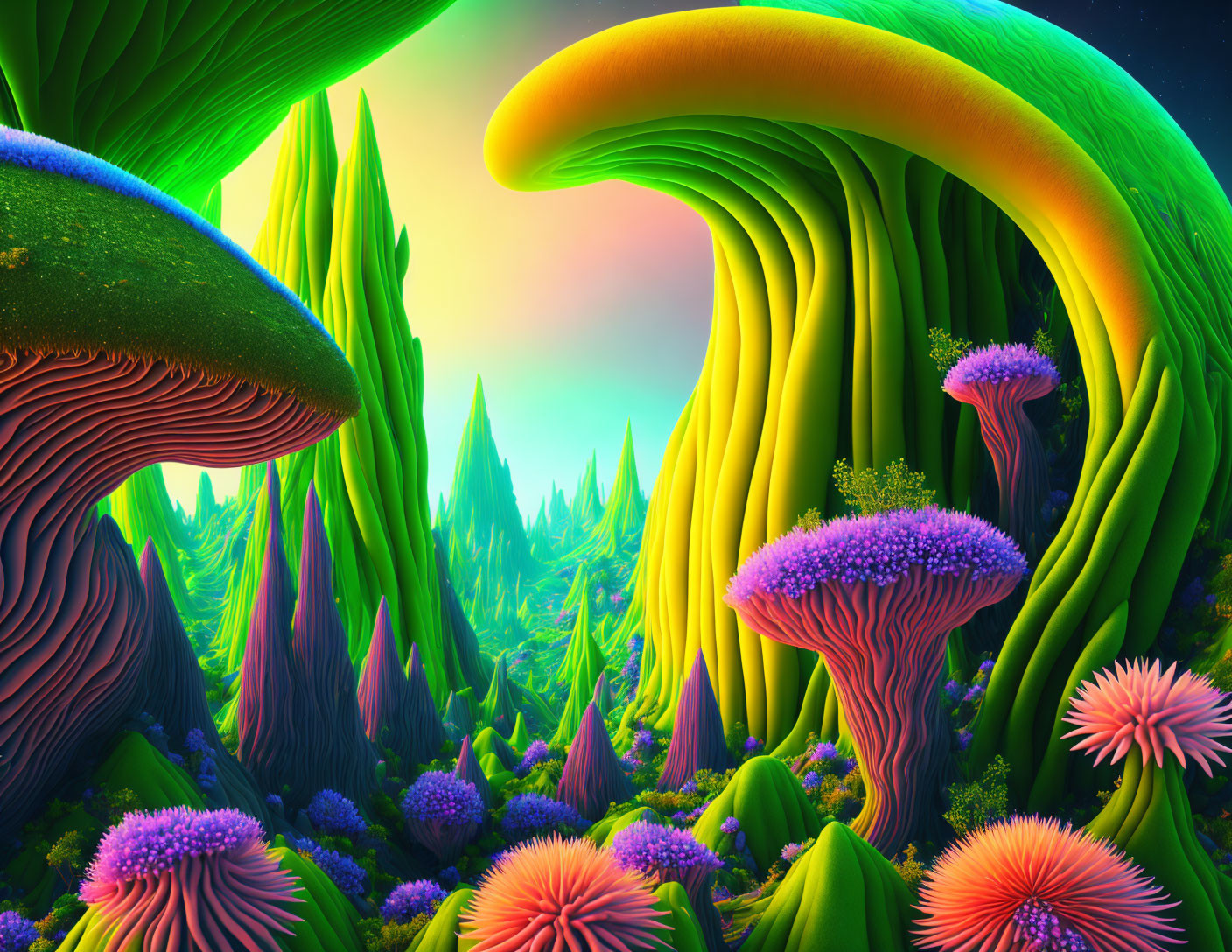 Colorful surreal landscape with large mushroom-like structures and exotic flora