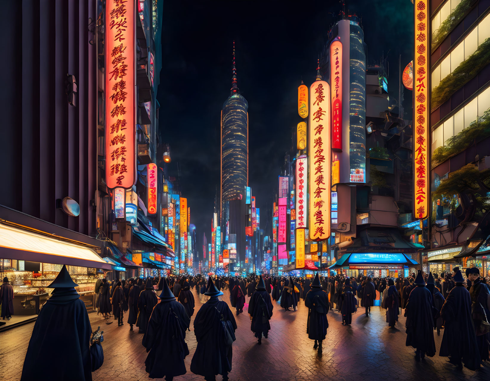 Vibrant city street at night with neon signs & skyscraper