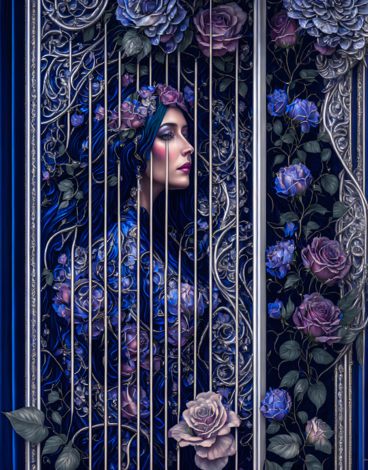 Blue-haired woman merges with floral backdrop and ornate gate for surreal artistic look