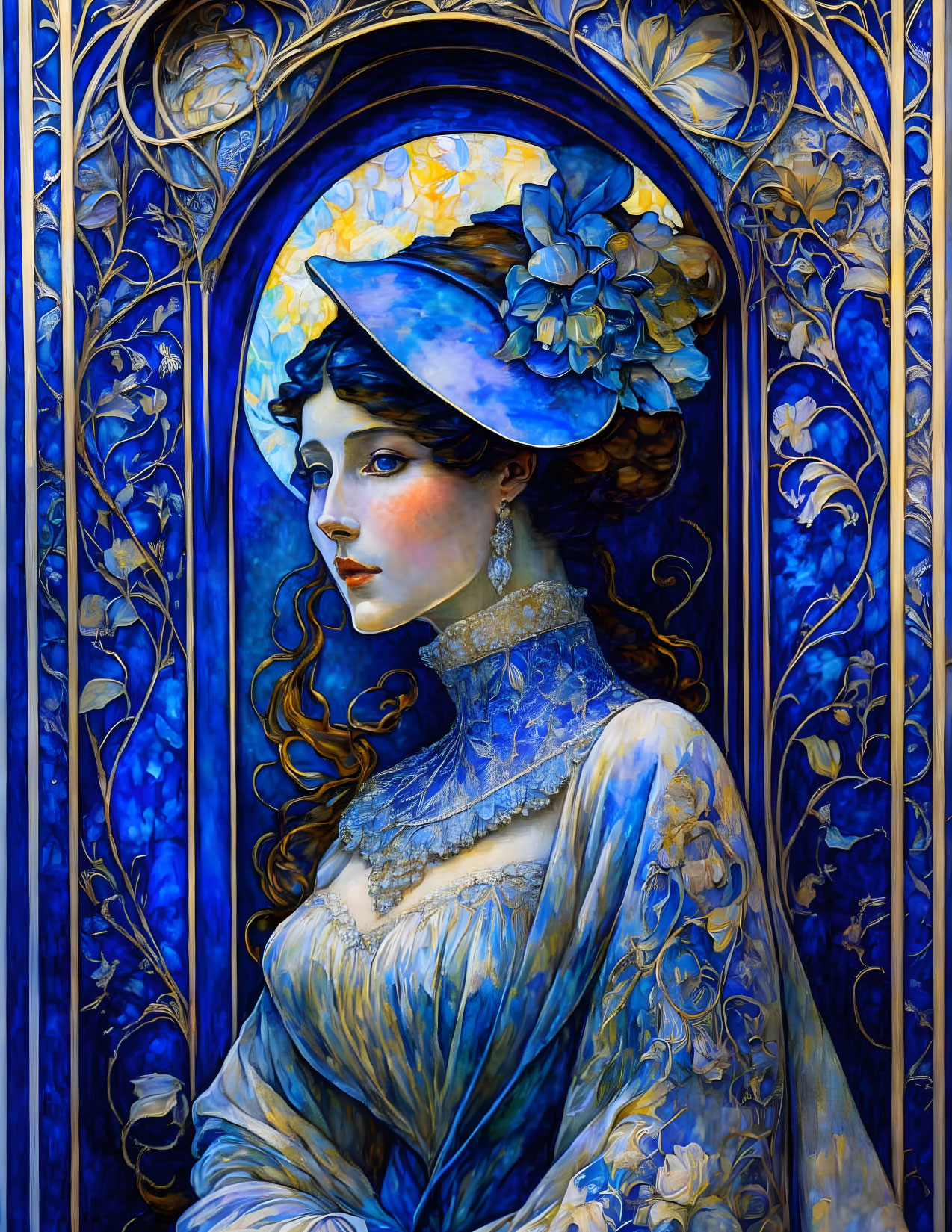 Stylized portrait of woman in blue attire with Art Nouveau floral border