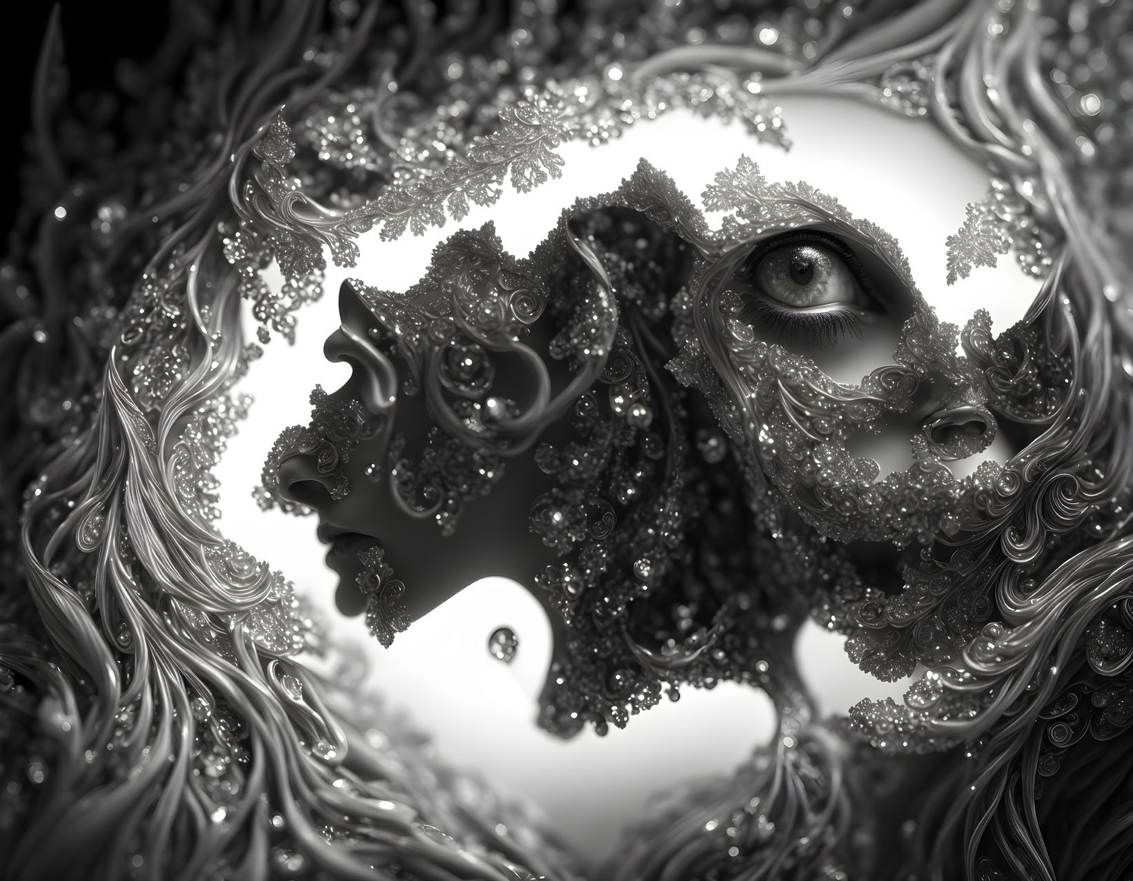 Detailed Monochromatic Fractal Image of Eye and Swirling Patterns