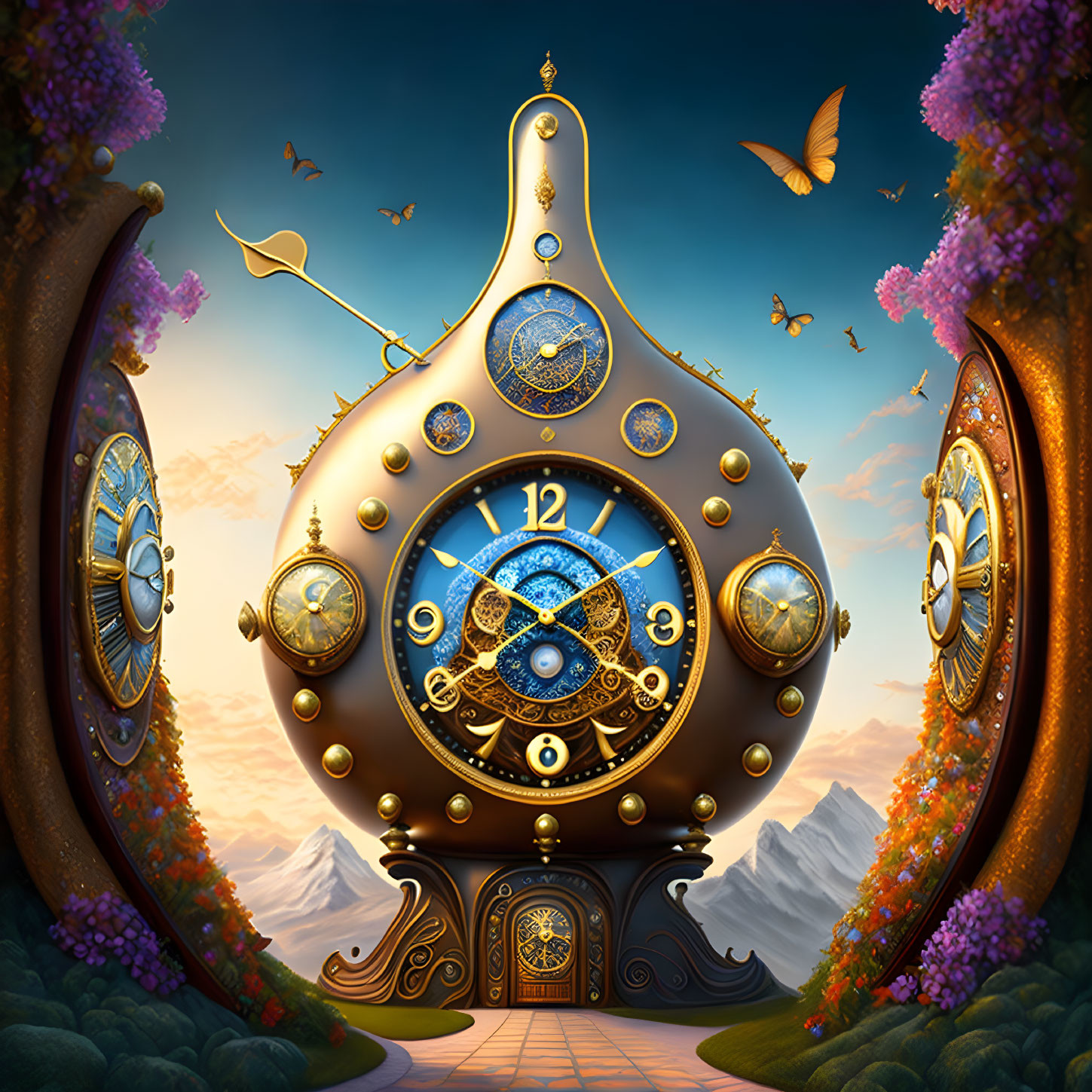 Clock-shaped building with ornate details in a fantastical landscape.