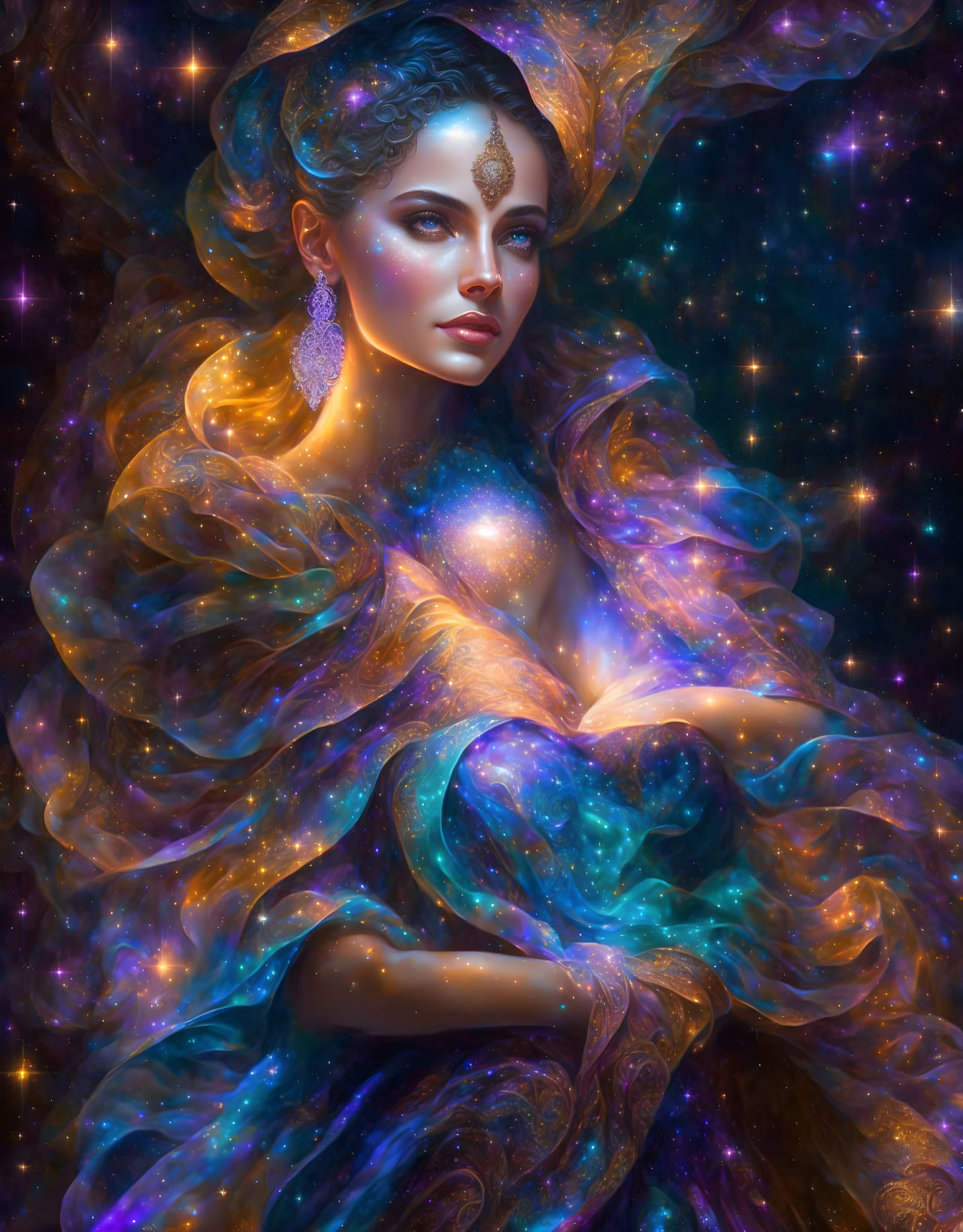 Fantastical woman with galaxy-themed hair and attire