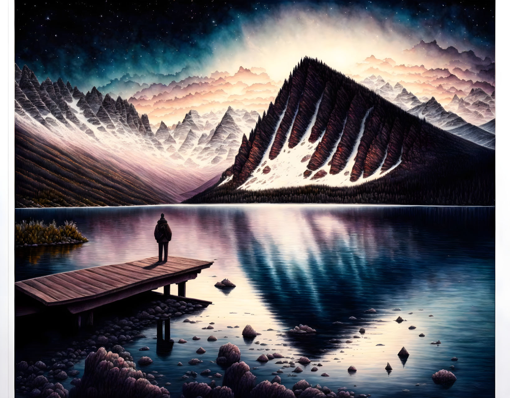 Person on Wooden Dock Gazes at Mountain Range by Tranquil Lake