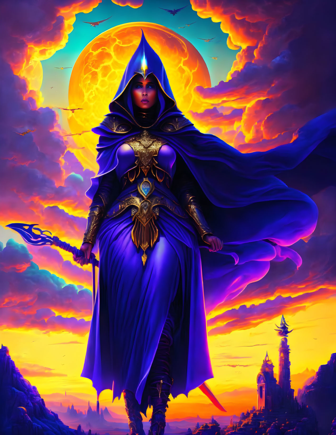 Female warrior in purple cloak and ornate armor under orange moon