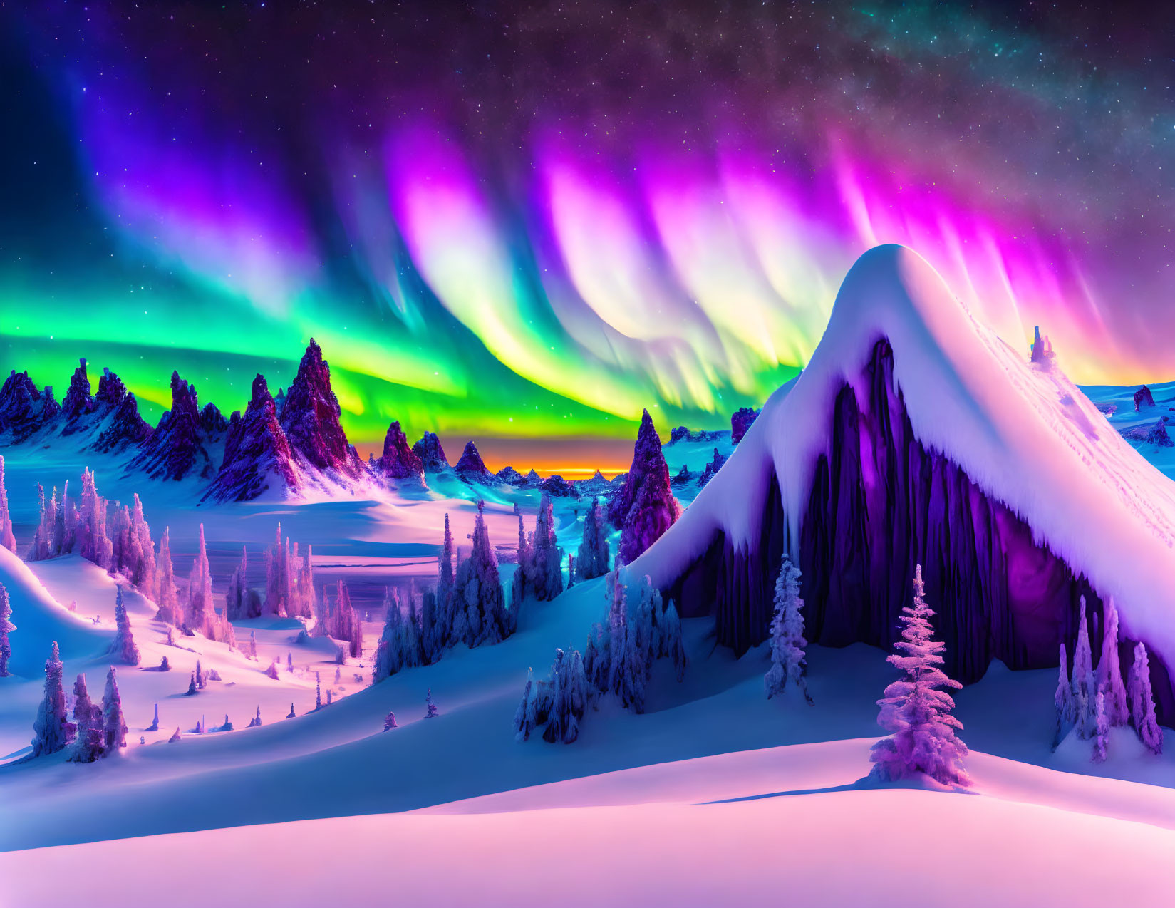 Colorful Aurora Borealis Over Snowy Landscape