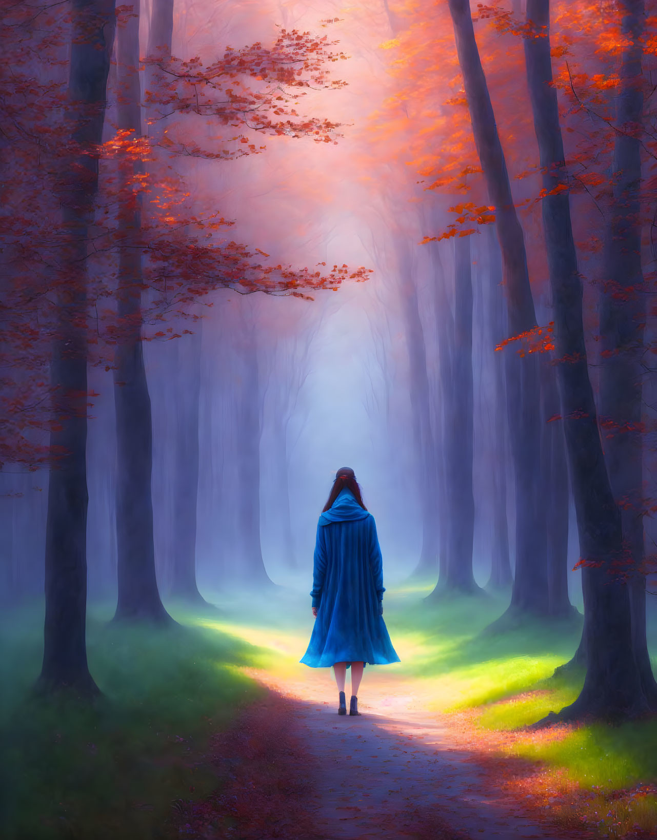 Person in Blue Cloak on Forest Path Among Misty Trees with Orange Leaves