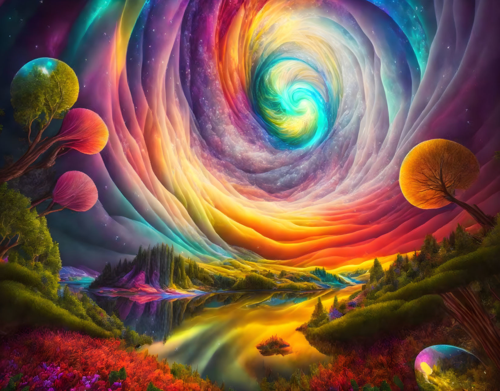 Colorful surreal landscape with swirling galaxy sky and flowing river