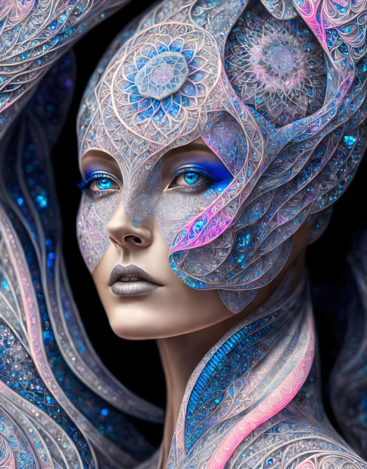 Intricate fractal patterns on female figure with vibrant colors