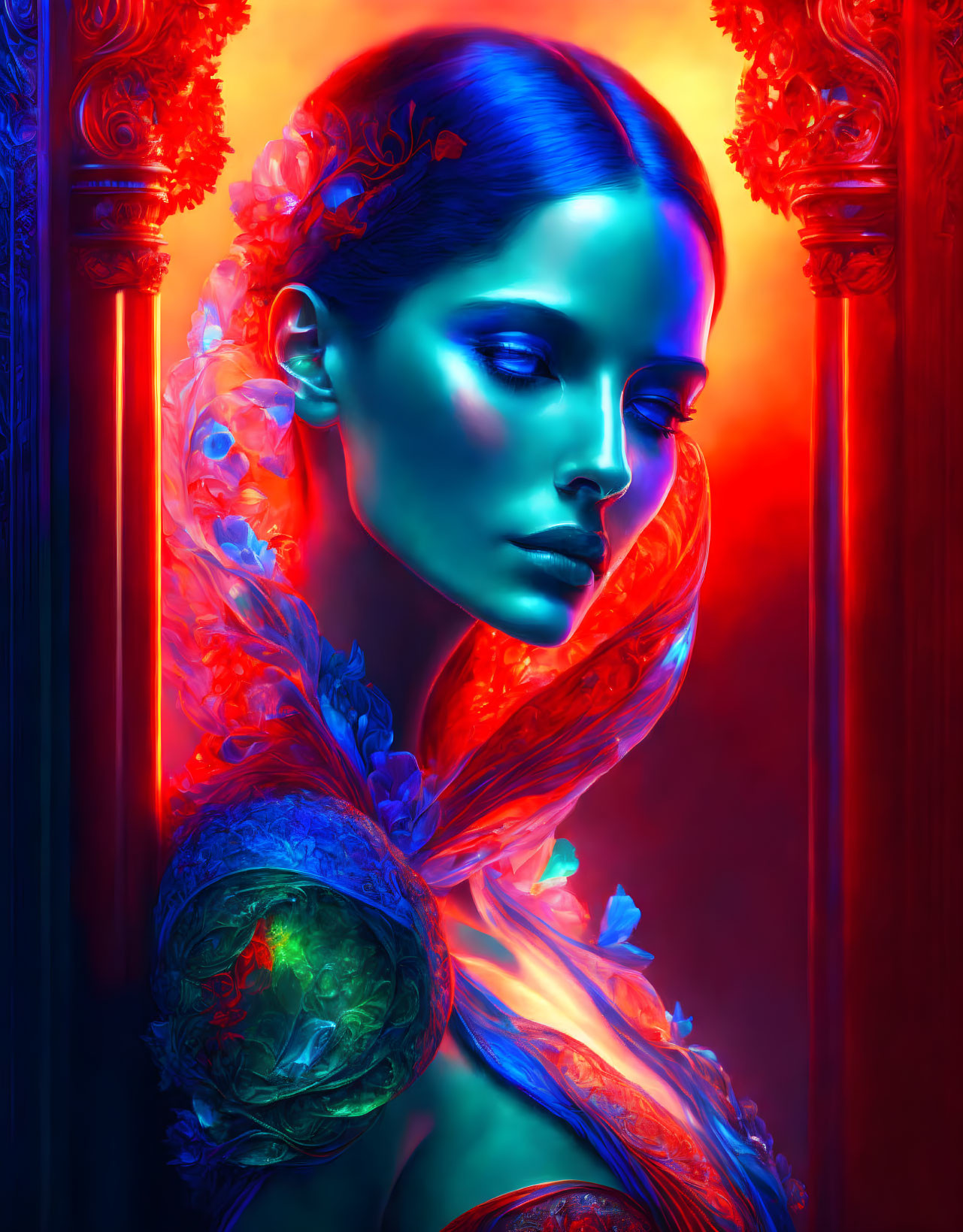 Digital artwork featuring woman with neon blue and red lighting and intricate floral patterns