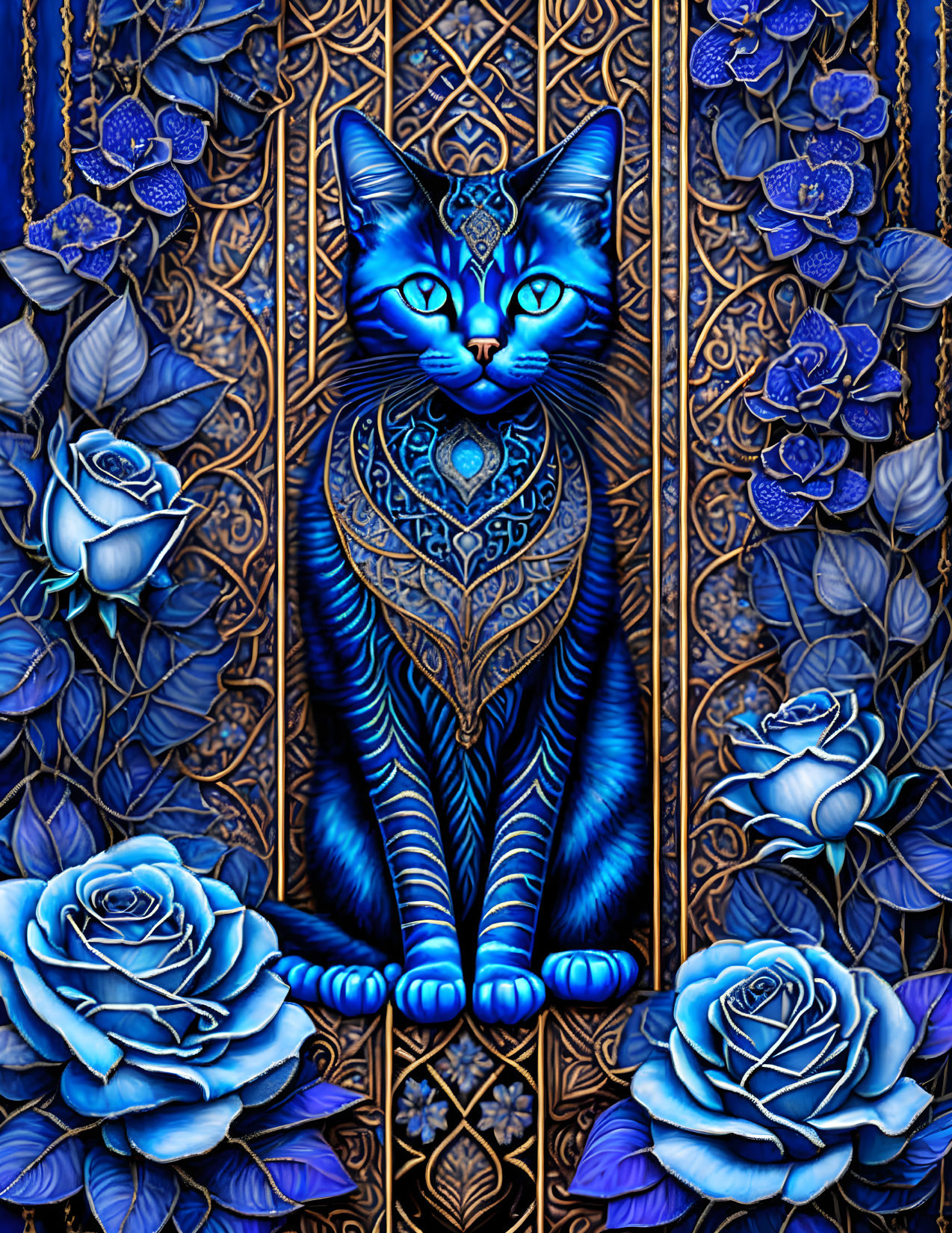 Vibrant digital artwork of blue mystical cat and roses on dark background