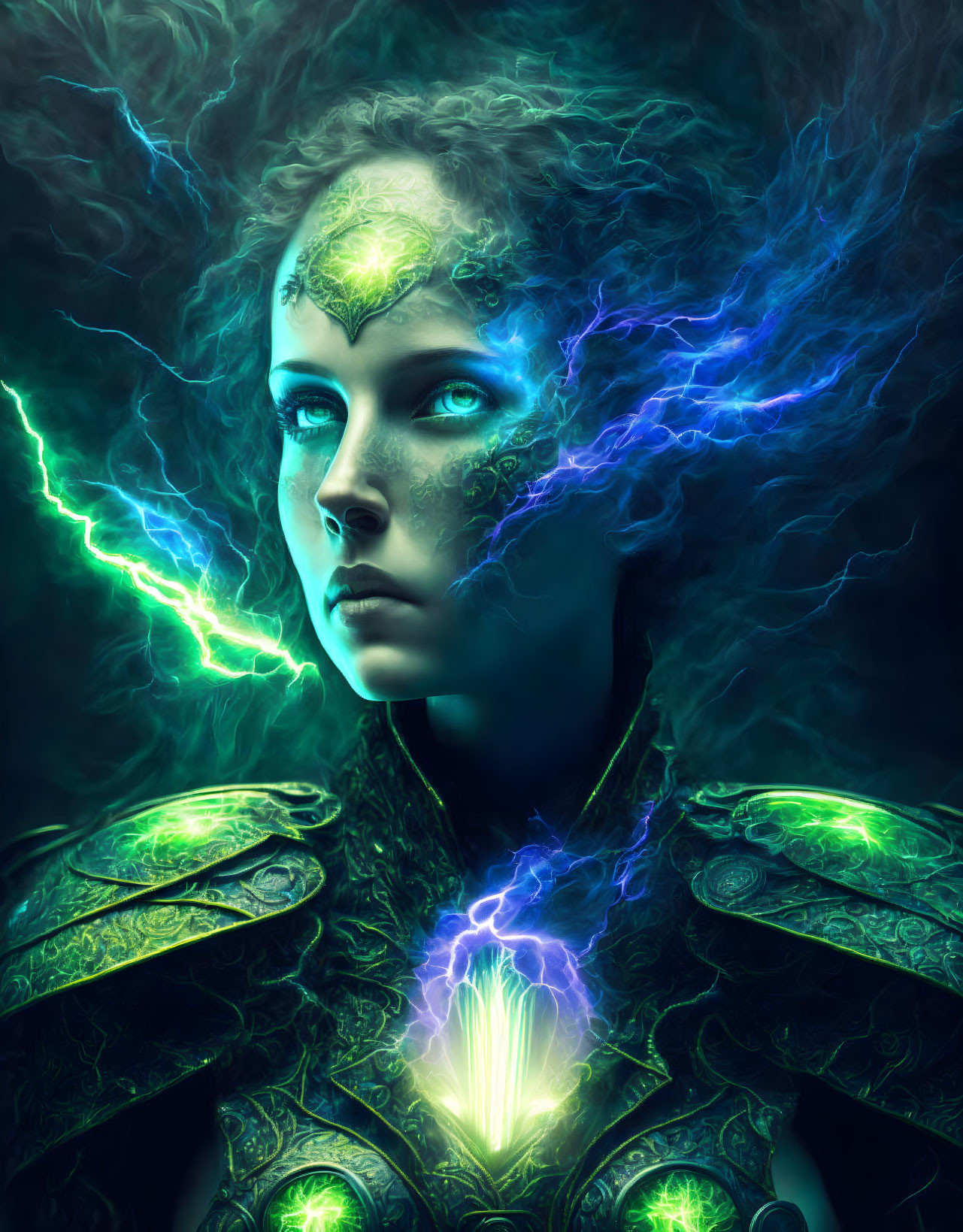 Fantastical digital portrait of a woman with glowing green eyes