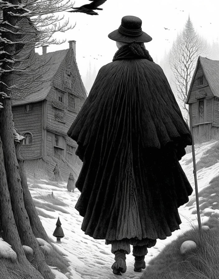 Monochrome illustration: Cloaked figure with cane in snowy village