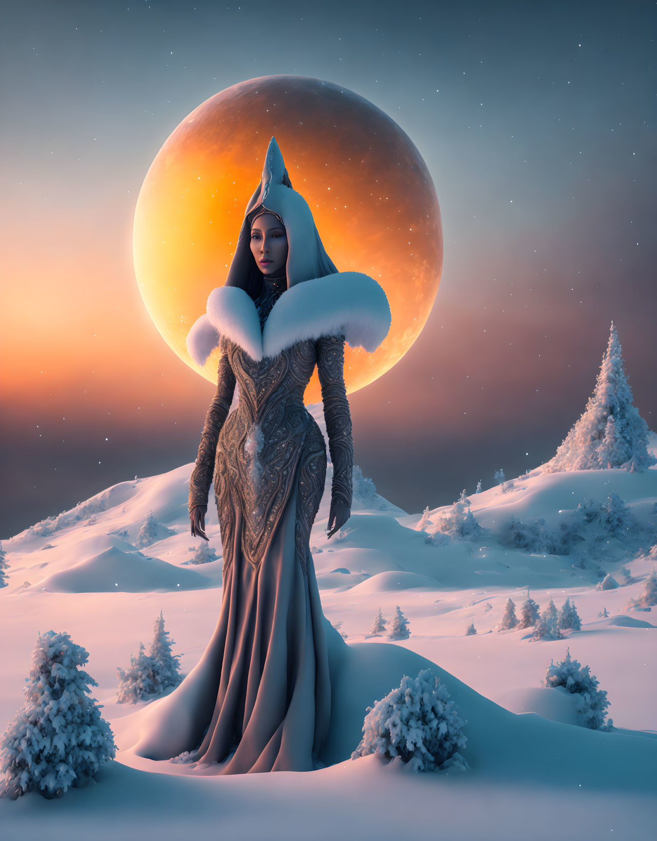 Mystical woman in hooded cloak under giant moon in snowy twilight