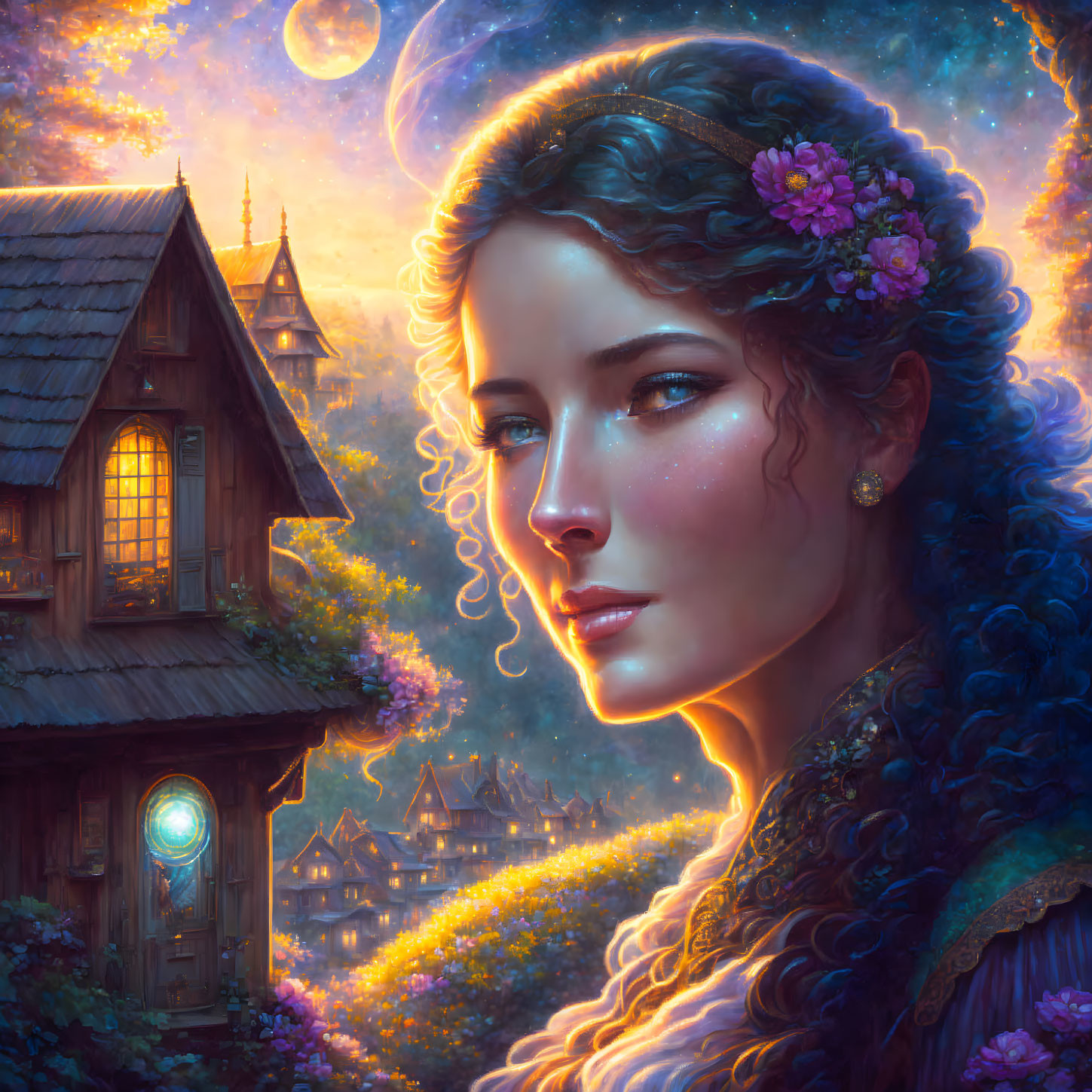 Fantastical illustration of woman with floral hair beside whimsical house under twilight sky