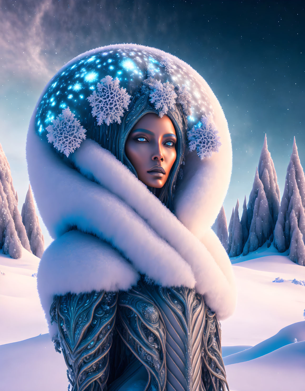 Fantasy digital art: Blue-skinned figure in snowflake attire against snowy twilight landscape