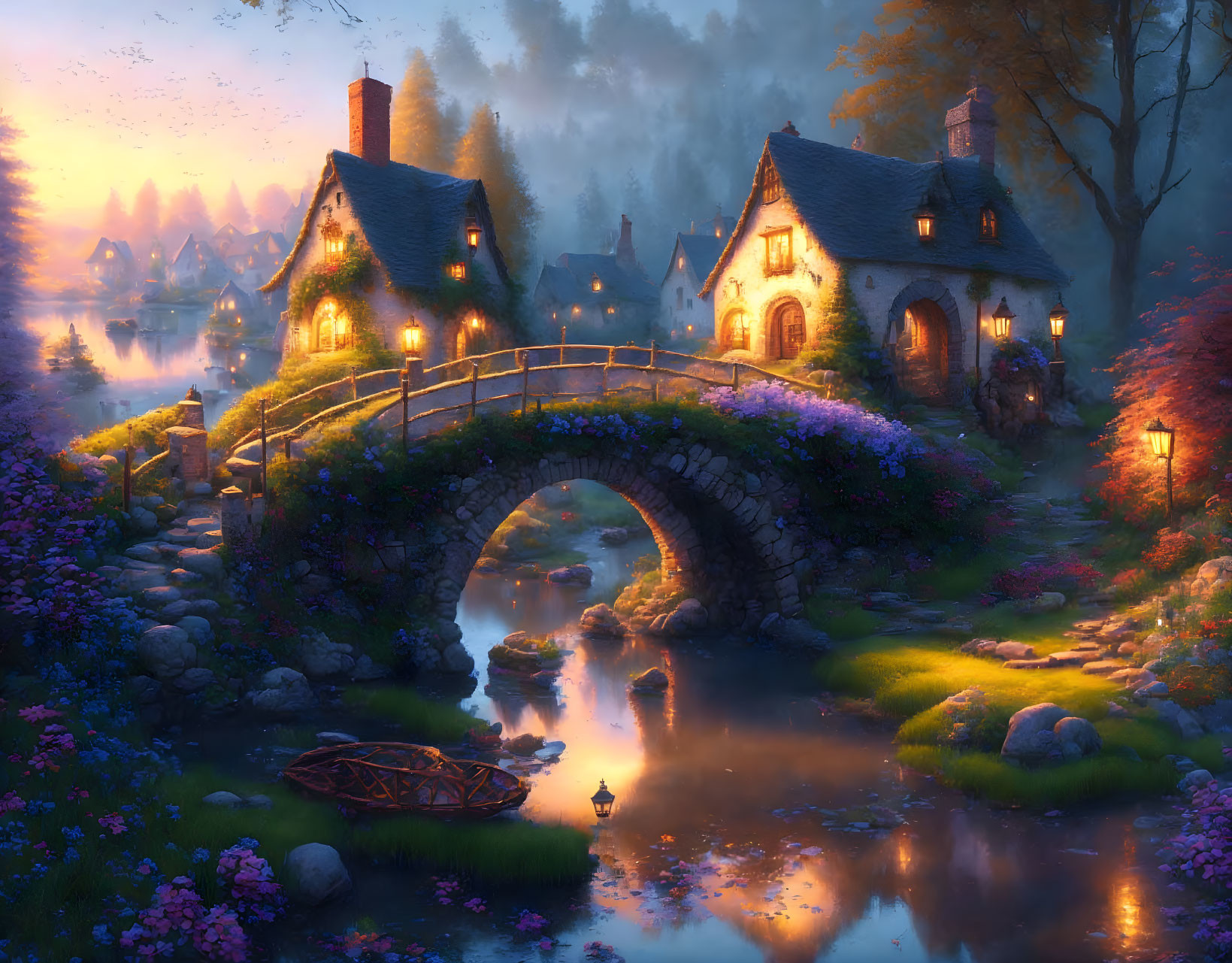 Tranquil twilight village with illuminated cottages, stone bridge, blooming flowers, and small boat