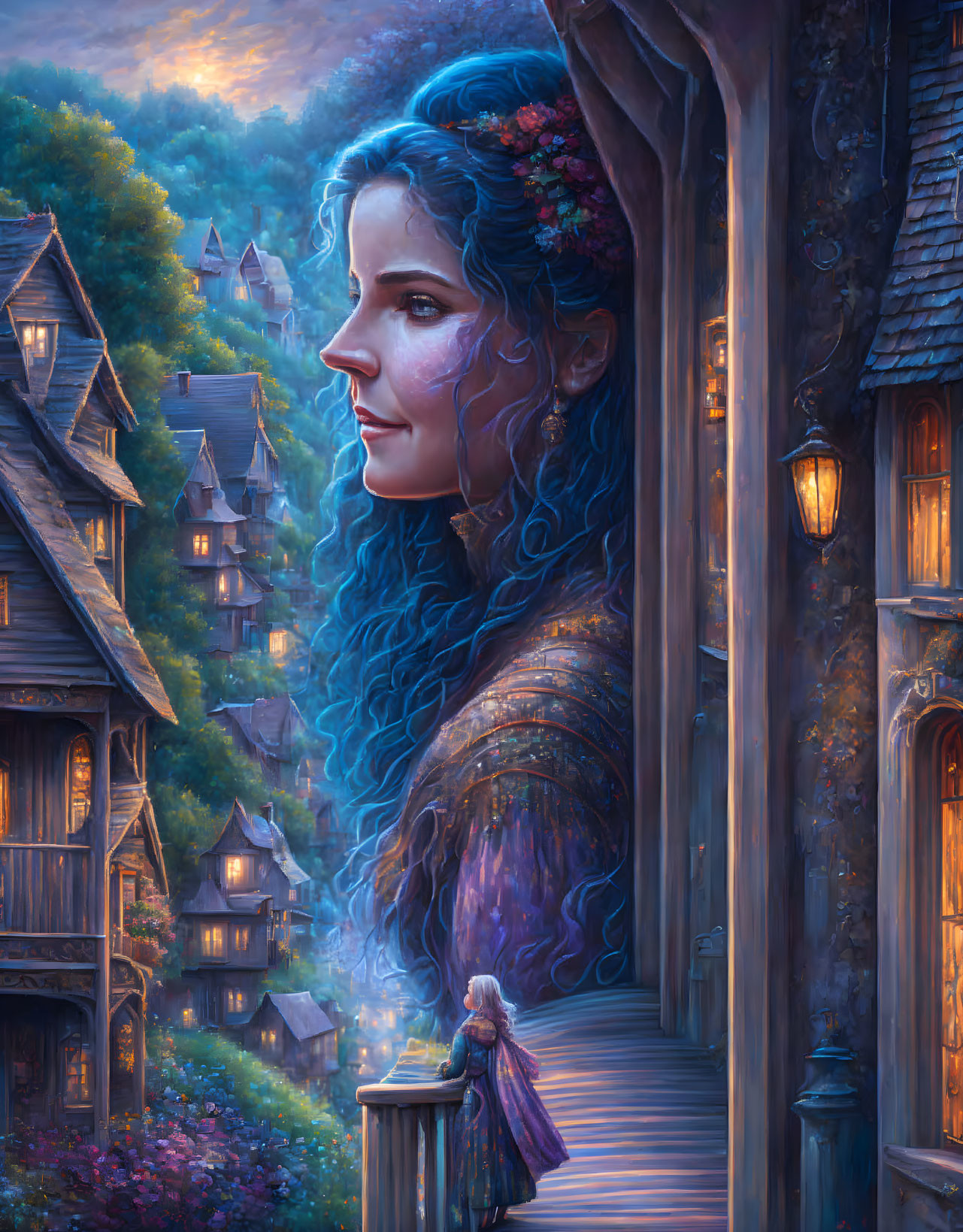 Blue-haired woman with floral adornments in fantasy village scene at dusk