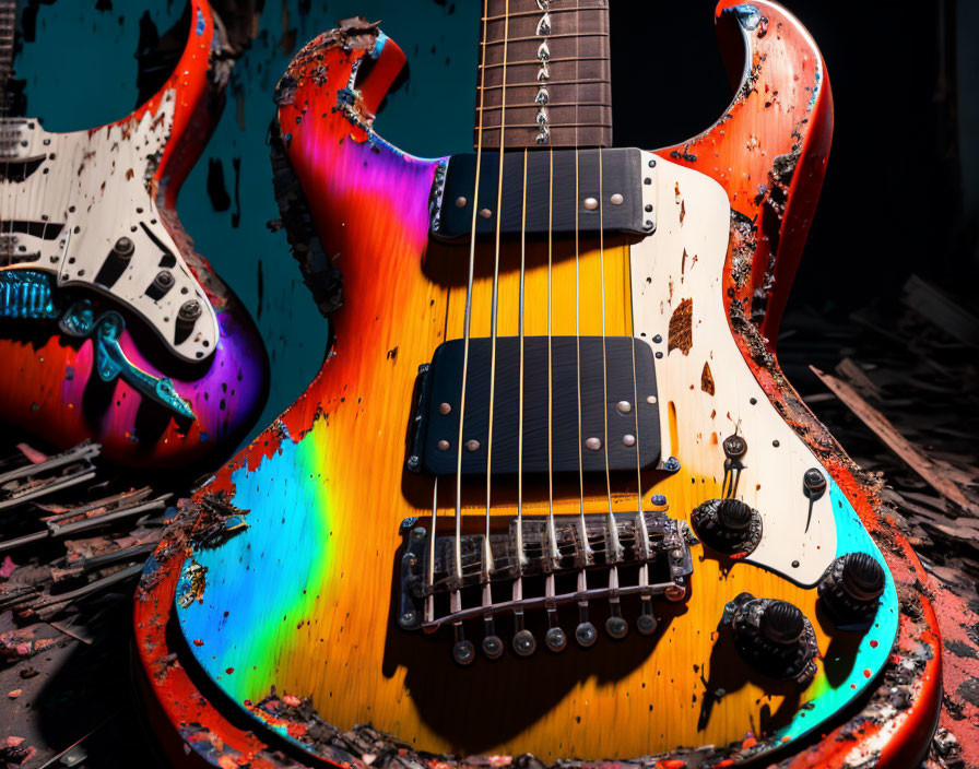 Colorful Worn Electric Guitar Against Dark Background