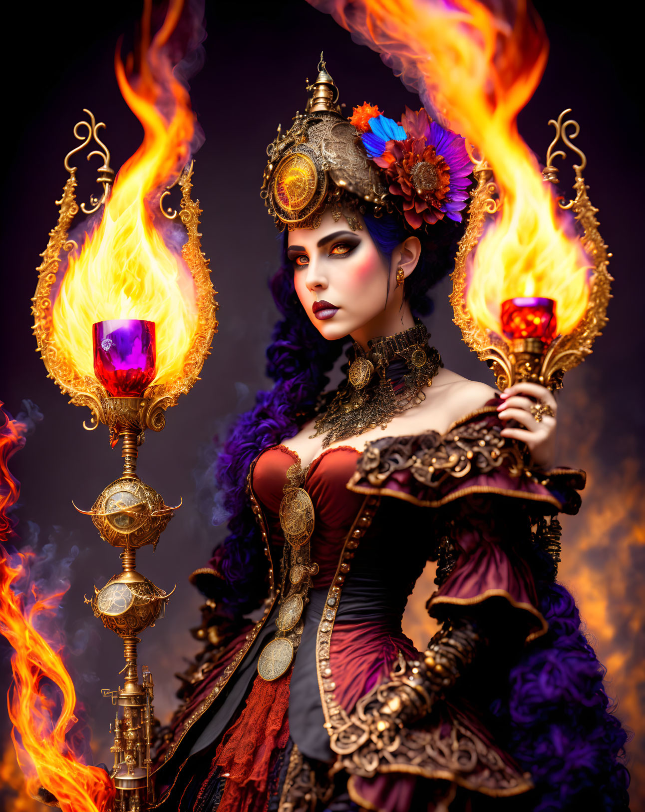 Victorian gothic costume woman with crown and torches in fiery background