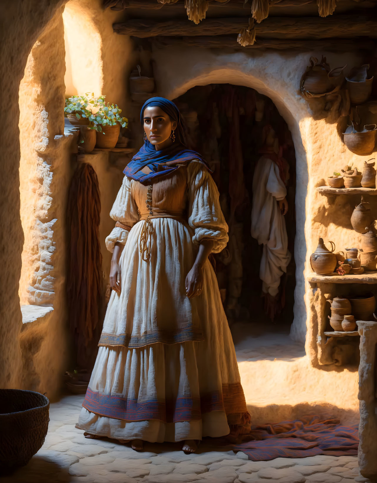 Traditional dressed woman in rustic room with pottery and doorway.