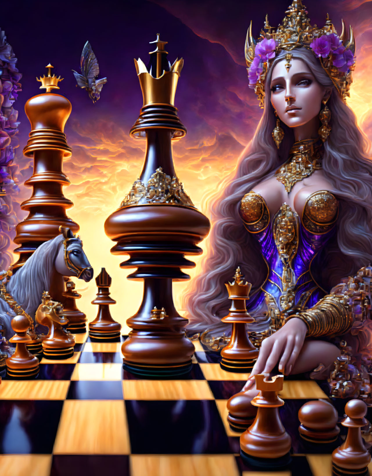 Regal woman with jeweled crown beside oversized chessboard and butterfly.